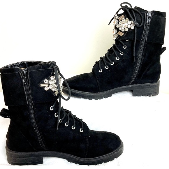 BLACK SUEDE ROUNDED TOE SIDE ZIP BUCKLE LACE UP ANKLE BOOTS WITH CRYSTAL DETAIL - Picture 2 of 16